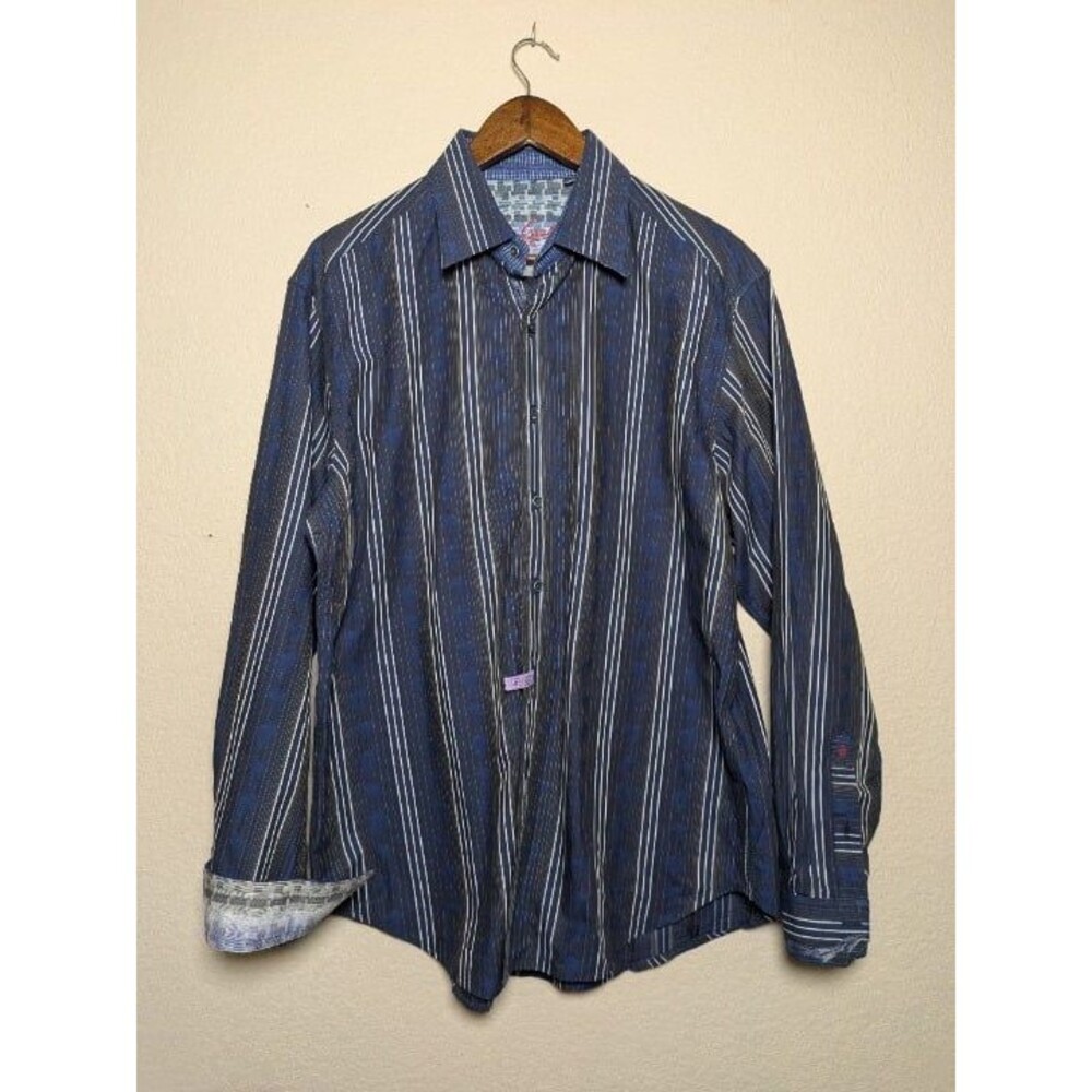 Robert Graham Blue Stripe Button Down Shirt Flip Cuffs Size Large Cameron ASO
